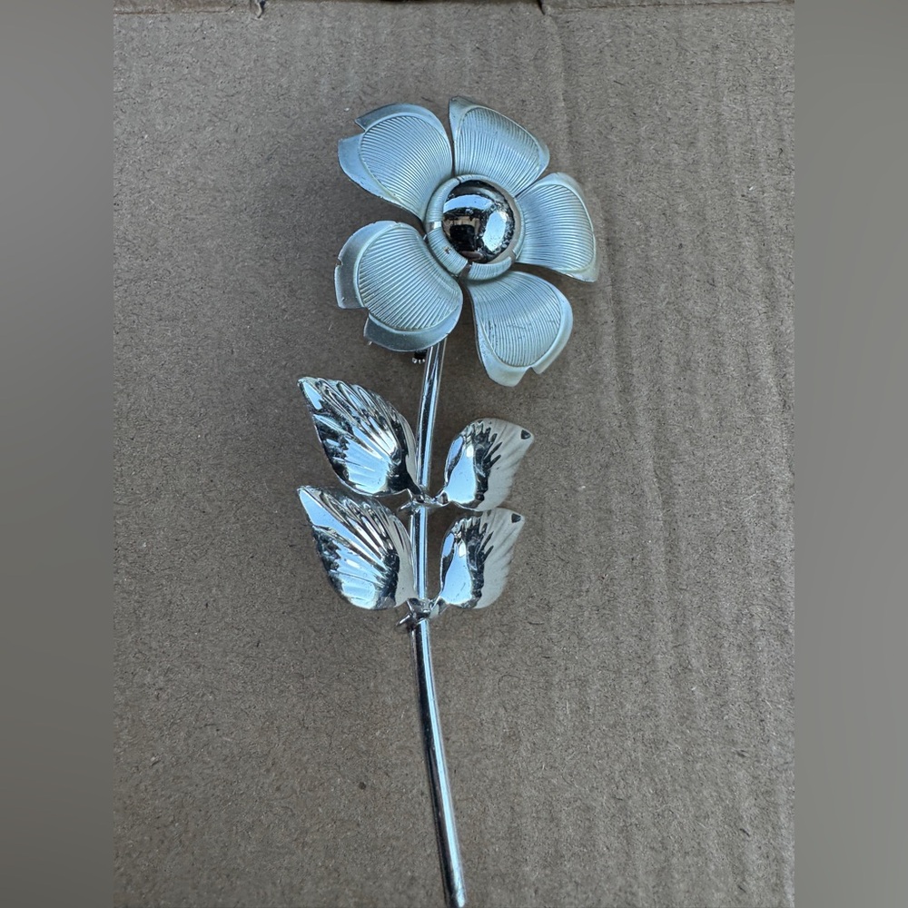Vintage Silver Tone Flower Stem Brooch Mid Century Floral Pin 2.5”